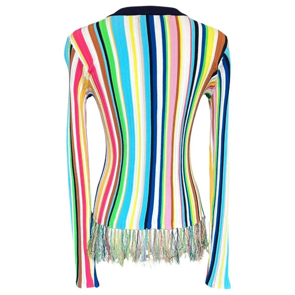 Milly Rainbow Striped Fringe Hem Ribbed Knit Sweater Size S - Picture 5 of 9